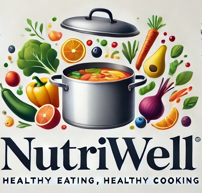 Logo NutriWell - Une marmite avec des légumes et fruits autour, et le texte NutriWell - Healthy Eating, Healthy Cooking